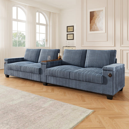 4-Seater Modern Corduroy Sofa Couch with USB Ports, Hidden Storage, and Flip-Top Cup Holders