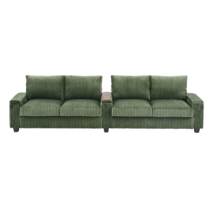 4-Seater Modern Corduroy Sofa Couch with USB Ports, Hidden Storage, and Flip-Top Cup Holders