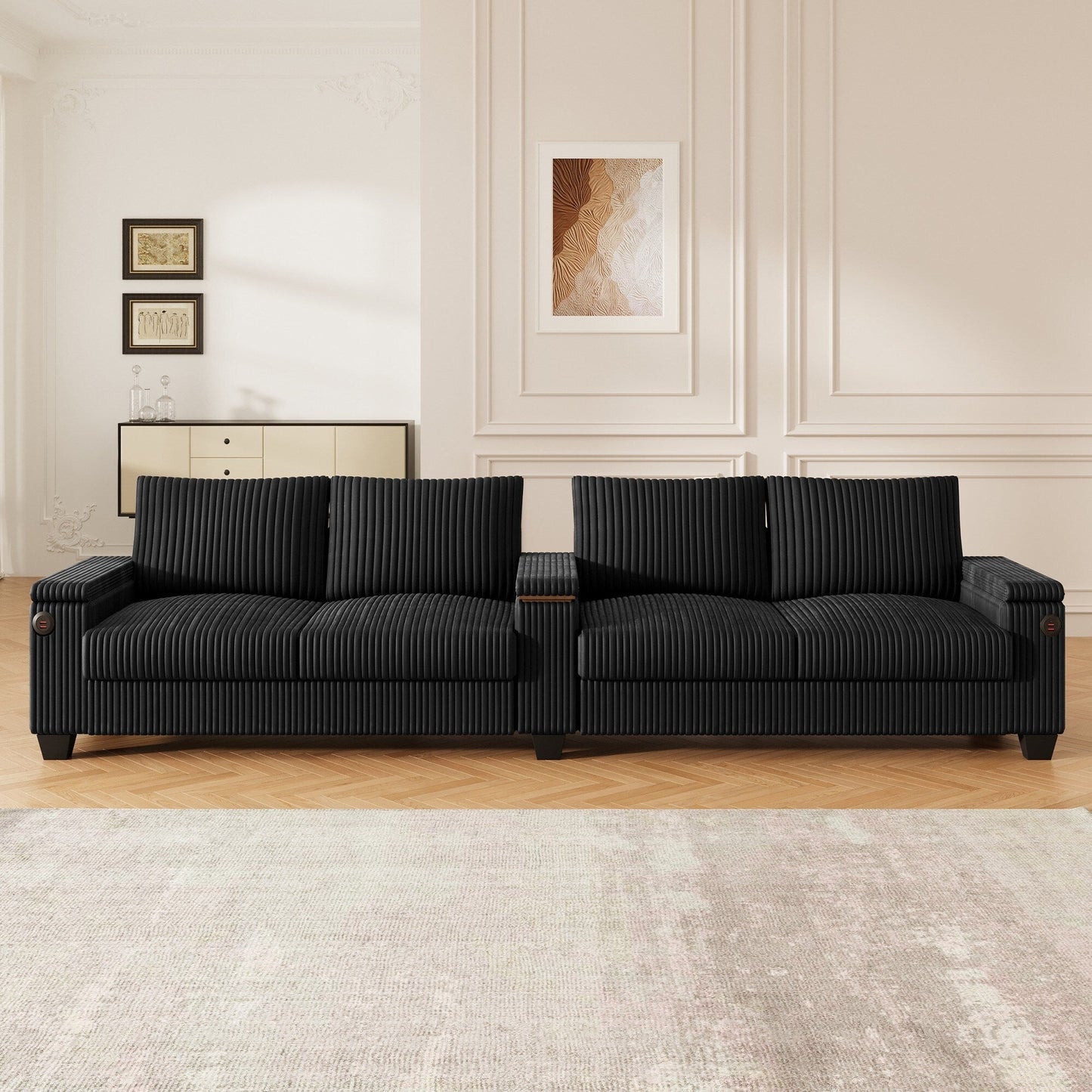 4-Seater Modern Corduroy Sofa Couch with USB Ports, Hidden Storage, and Flip-Top Cup Holders