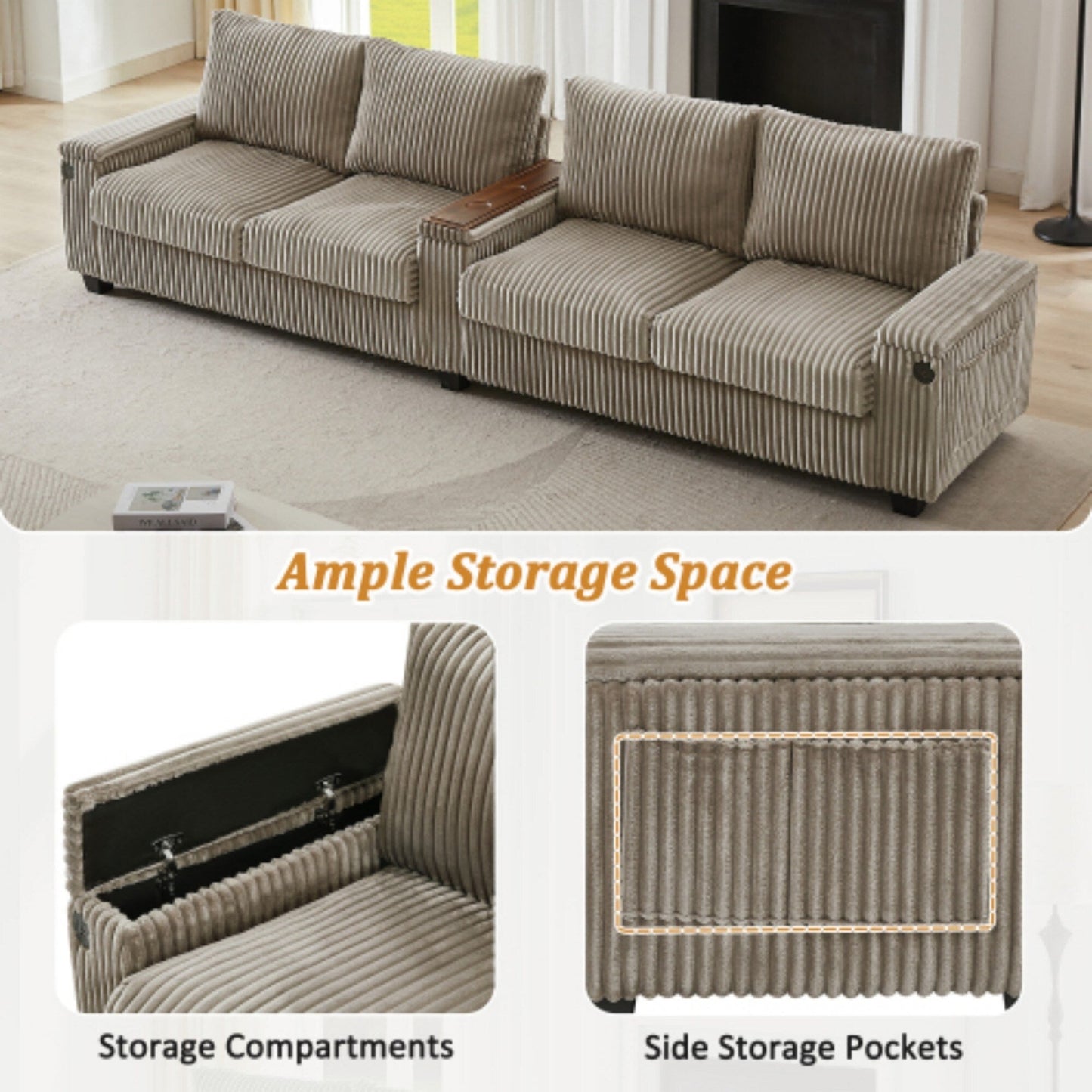 4-Seater Modern Corduroy Sofa Couch with USB Ports, Hidden Storage, and Flip-Top Cup Holders