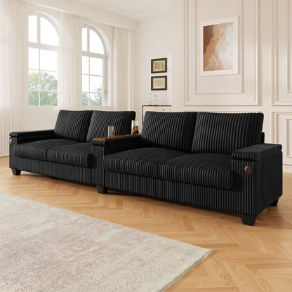 4-Seater Modern Corduroy Sofa Couch with USB Ports, Hidden Storage, and Flip-Top Cup Holders