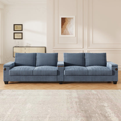4-Seater Modern Corduroy Sofa Couch with USB Ports, Hidden Storage, and Flip-Top Cup Holders