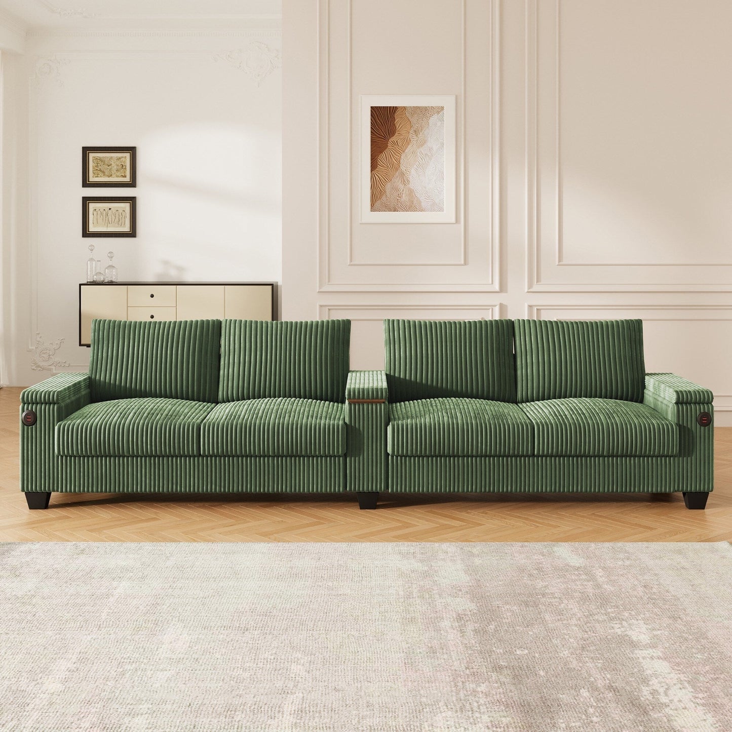 4-Seater Modern Corduroy Sofa Couch with USB Ports, Hidden Storage, and Flip-Top Cup Holders