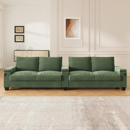 4-Seater Modern Corduroy Sofa Couch with USB Ports, Hidden Storage, and Flip-Top Cup Holders