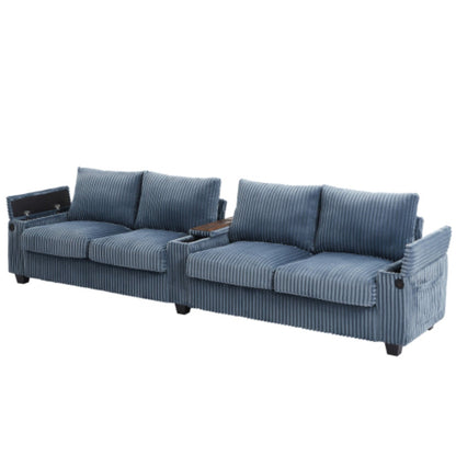4-Seater Modern Corduroy Sofa Couch with USB Ports, Hidden Storage, and Flip-Top Cup Holders