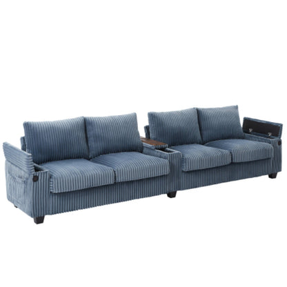 4-Seater Modern Corduroy Sofa Couch with USB Ports, Hidden Storage, and Flip-Top Cup Holders