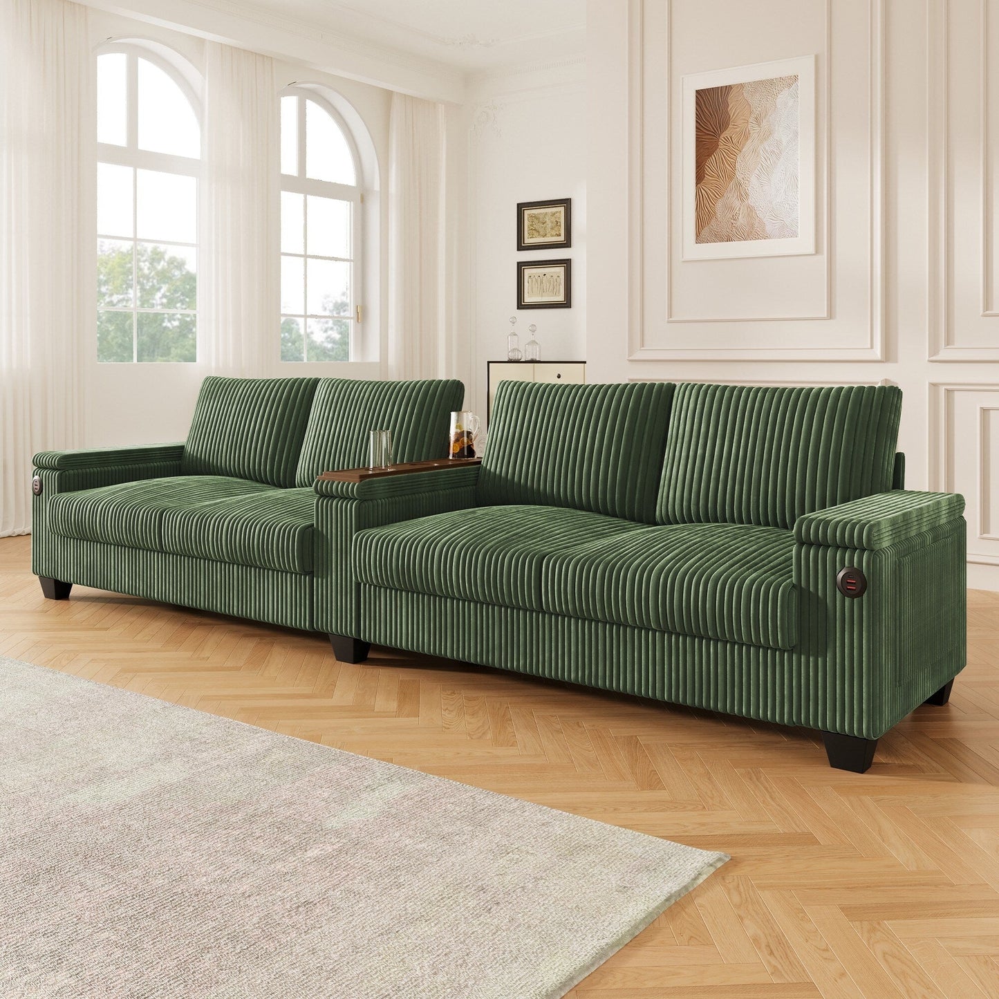 4-Seater Modern Corduroy Sofa Couch with USB Ports, Hidden Storage, and Flip-Top Cup Holders