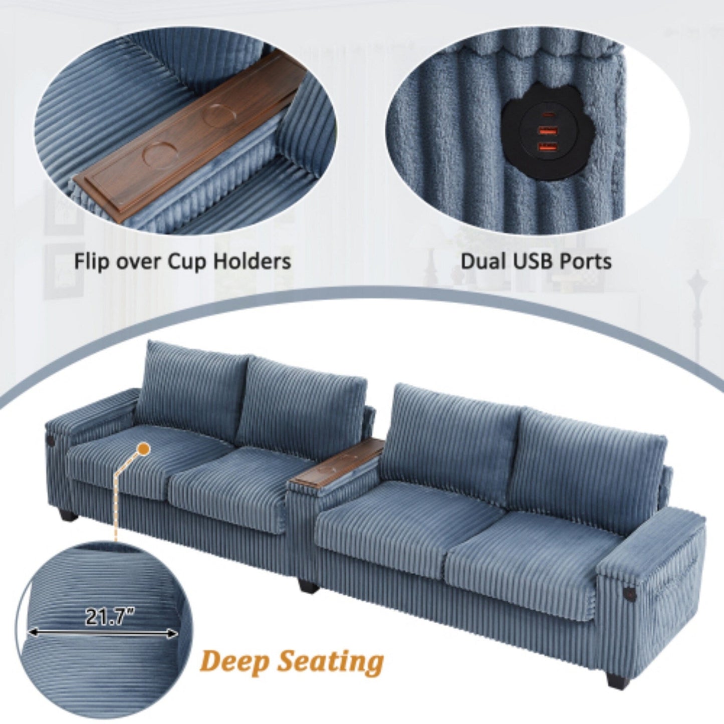 4-Seater Modern Corduroy Sofa Couch with USB Ports, Hidden Storage, and Flip-Top Cup Holders