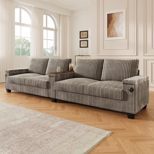 4-Seater Modern Corduroy Sofa Couch with USB Ports, Hidden Storage, and Flip-Top Cup Holders