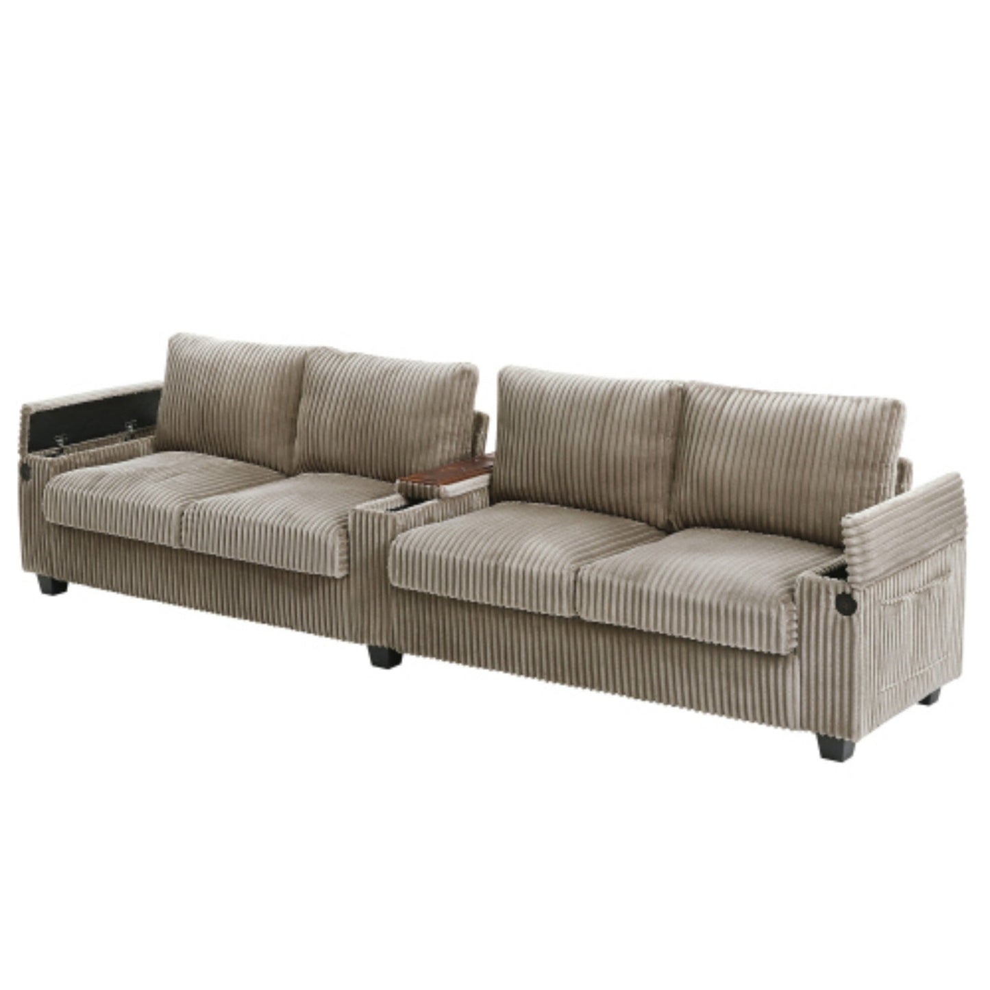 4-Seater Modern Corduroy Sofa Couch with USB Ports, Hidden Storage, and Flip-Top Cup Holders