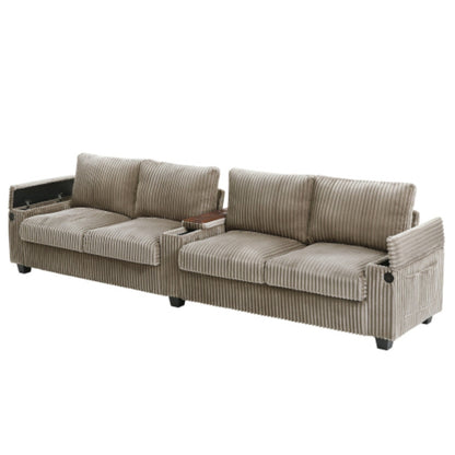 4-Seater Modern Corduroy Sofa Couch with USB Ports, Hidden Storage, and Flip-Top Cup Holders