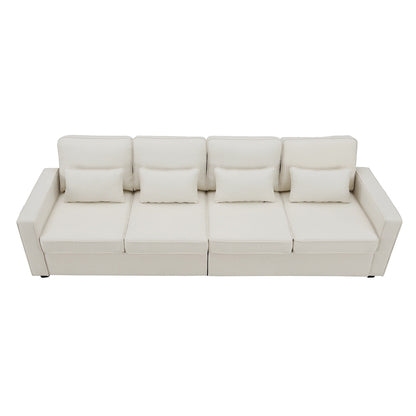 4-Seater Modern Linen Fabric Sofa with Armrest Pockets and 4 Pillows