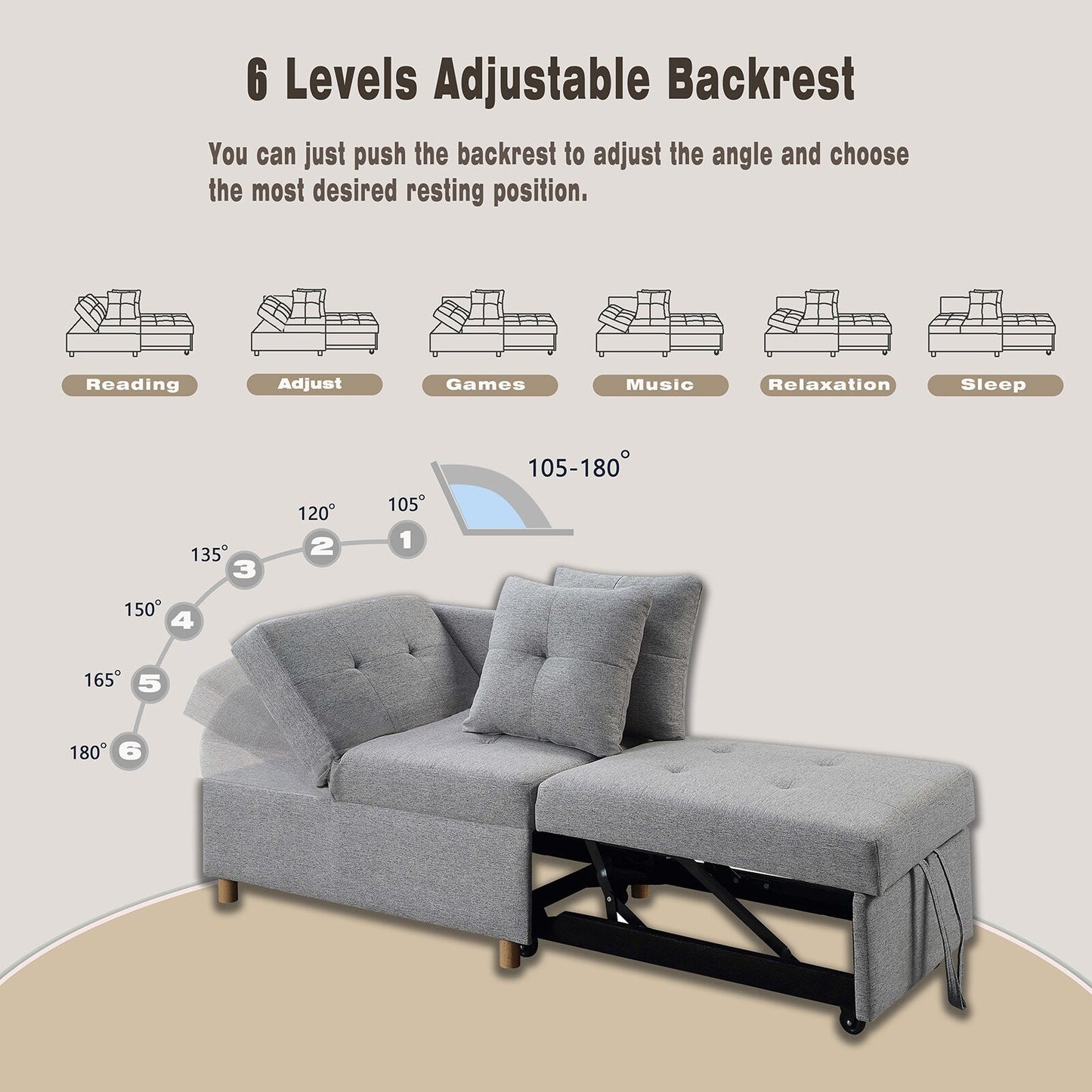 4-in-1 Single Convertible Sofa Bed with Adjustable Back