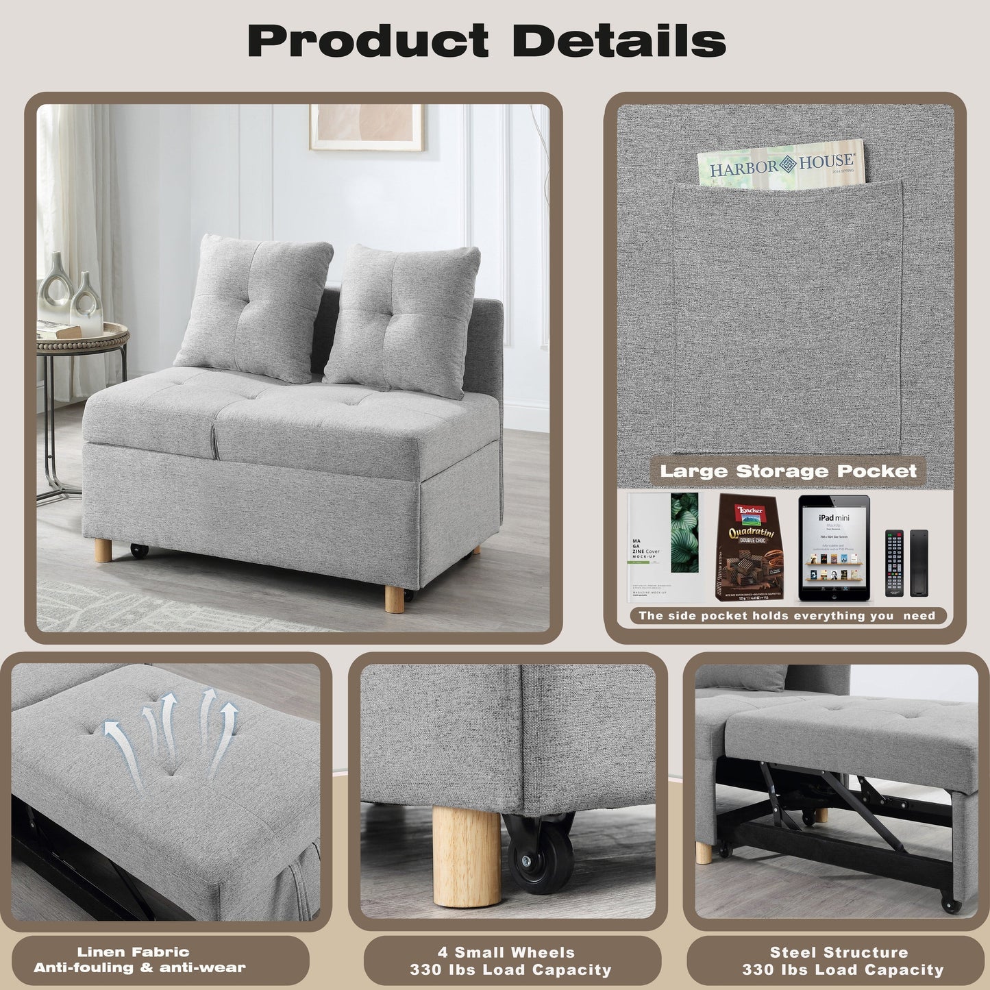 4-in-1 Single Convertible Sofa Bed with Adjustable Back