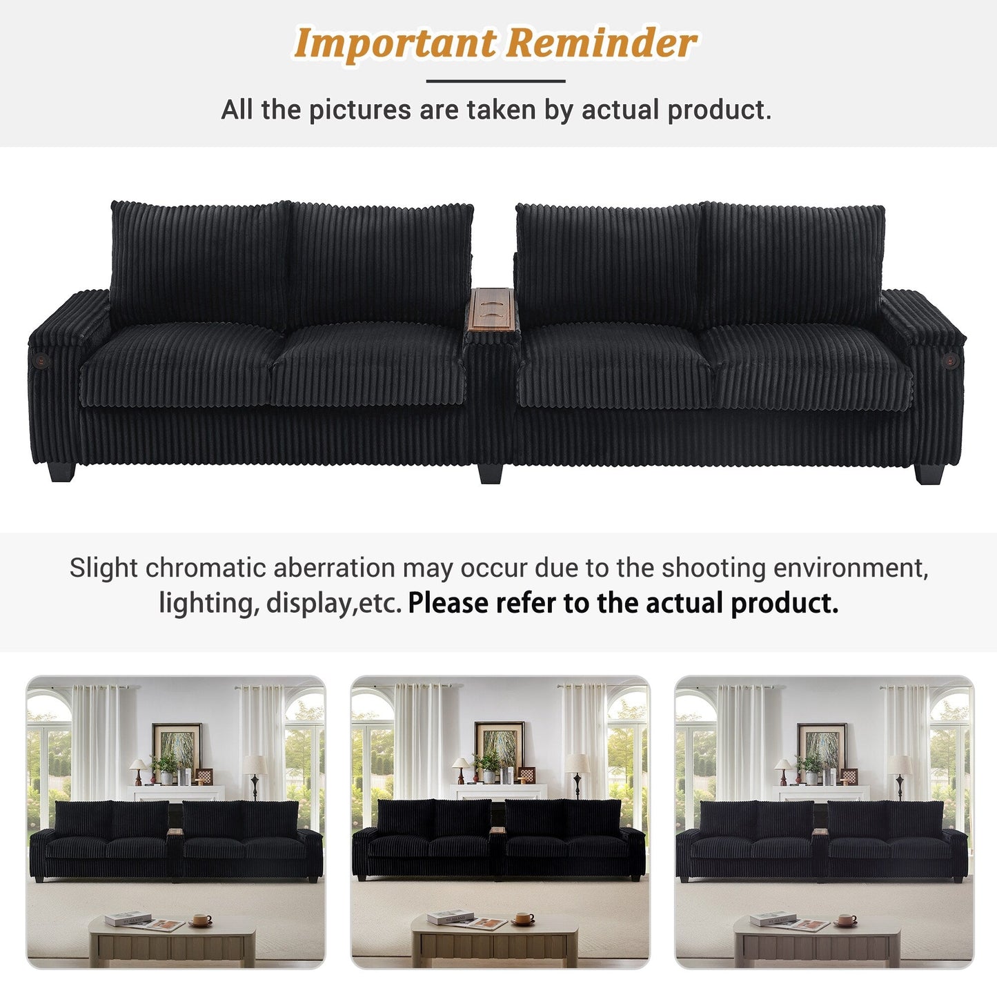 4-seater Corduroy Sofa Couch 133 Modern Sofa with USB Ports, Hidden Storage Arms, Flip-Top Cup Holders for Living Room