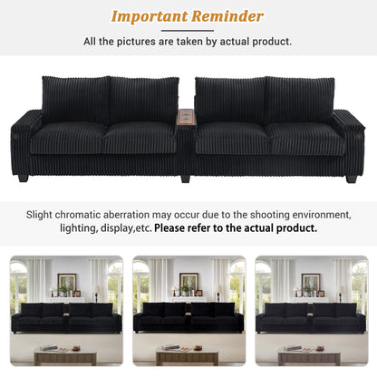 4-seater Corduroy Sofa Couch 133 Modern Sofa with USB Ports, Hidden Storage Arms, Flip-Top Cup Holders for Living Room