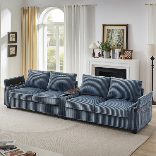 4-seater Corduroy Sofa Couch 133 Modern Sofa with USB Ports, Hidden Storage Arms, Flip-Top Cup Holders for Living Room