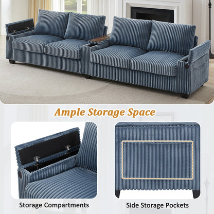 4-seater Corduroy Sofa Couch 133 Modern Sofa with USB Ports, Hidden Storage Arms, Flip-Top Cup Holders for Living Room