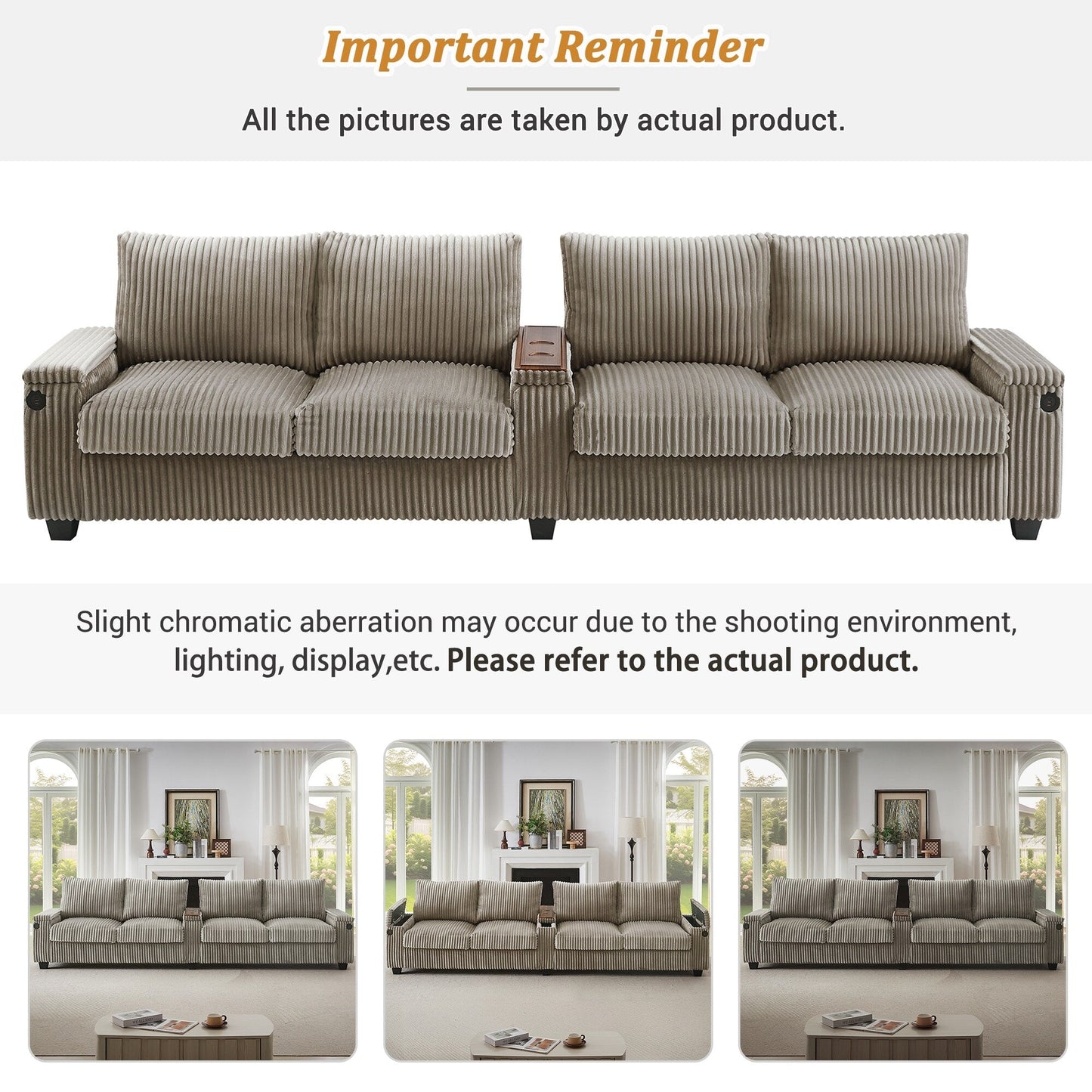 4-seater Corduroy Sofa Couch 133 Modern Sofa with USB Ports, Hidden Storage Arms, Flip-Top Cup Holders for Living Room