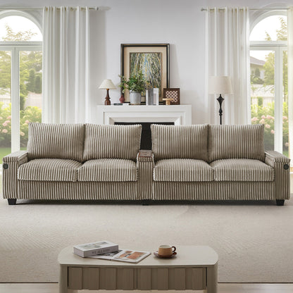 4-seater Corduroy Sofa Couch 133 Modern Sofa with USB Ports, Hidden Storage Arms, Flip-Top Cup Holders for Living Room