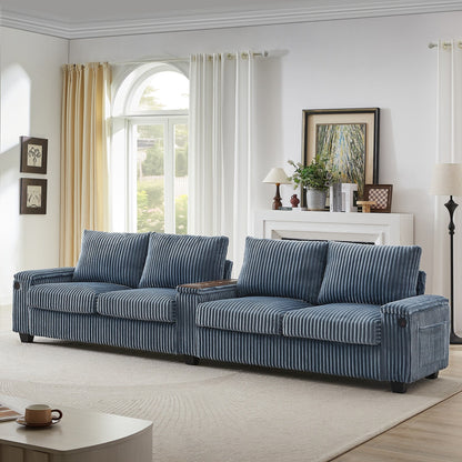 4-seater Corduroy Sofa Couch 133 Modern Sofa with USB Ports, Hidden Storage Arms, Flip-Top Cup Holders for Living Room