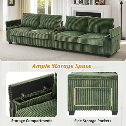 4-seater Corduroy Sofa Couch 133 Modern Sofa with USB Ports, Hidden Storage Arms, Flip-Top Cup Holders for Living Room