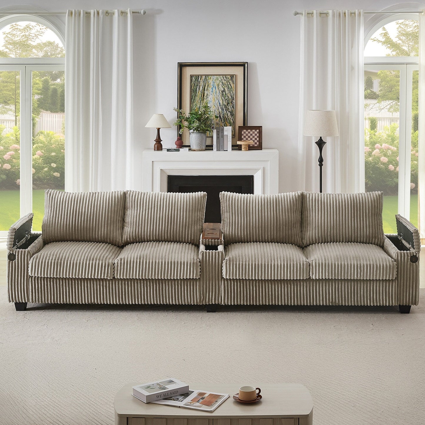 4-seater Corduroy Sofa Couch 133 Modern Sofa with USB Ports, Hidden Storage Arms, Flip-Top Cup Holders for Living Room