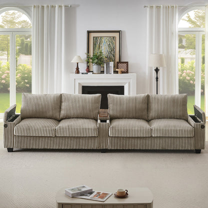 4-seater Corduroy Sofa Couch 133 Modern Sofa with USB Ports, Hidden Storage Arms, Flip-Top Cup Holders for Living Room
