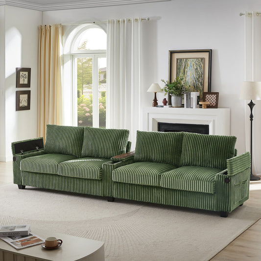 4-seater Corduroy Sofa Couch 133 Modern Sofa with USB Ports, Hidden Storage Arms, Flip-Top Cup Holders for Living Room