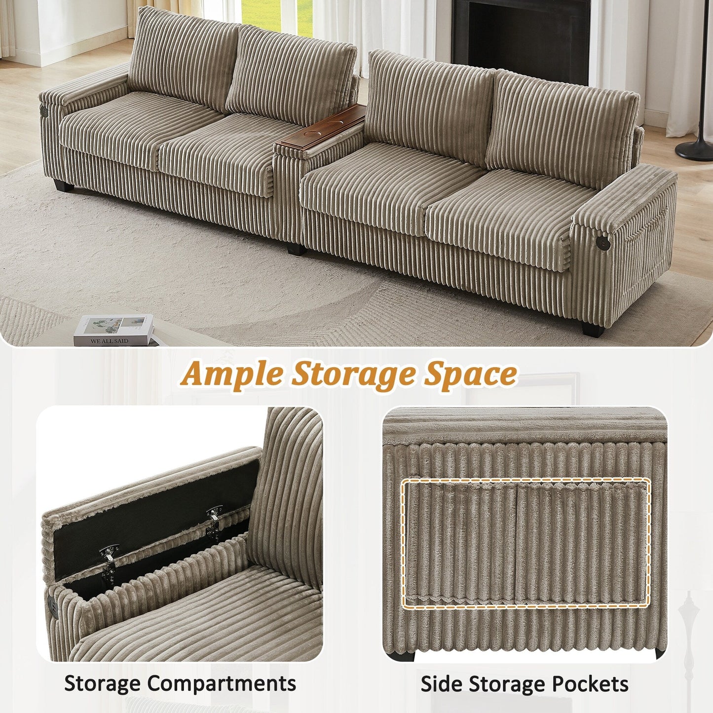 4-seater Corduroy Sofa Couch 133 Modern Sofa with USB Ports, Hidden Storage Arms, Flip-Top Cup Holders for Living Room
