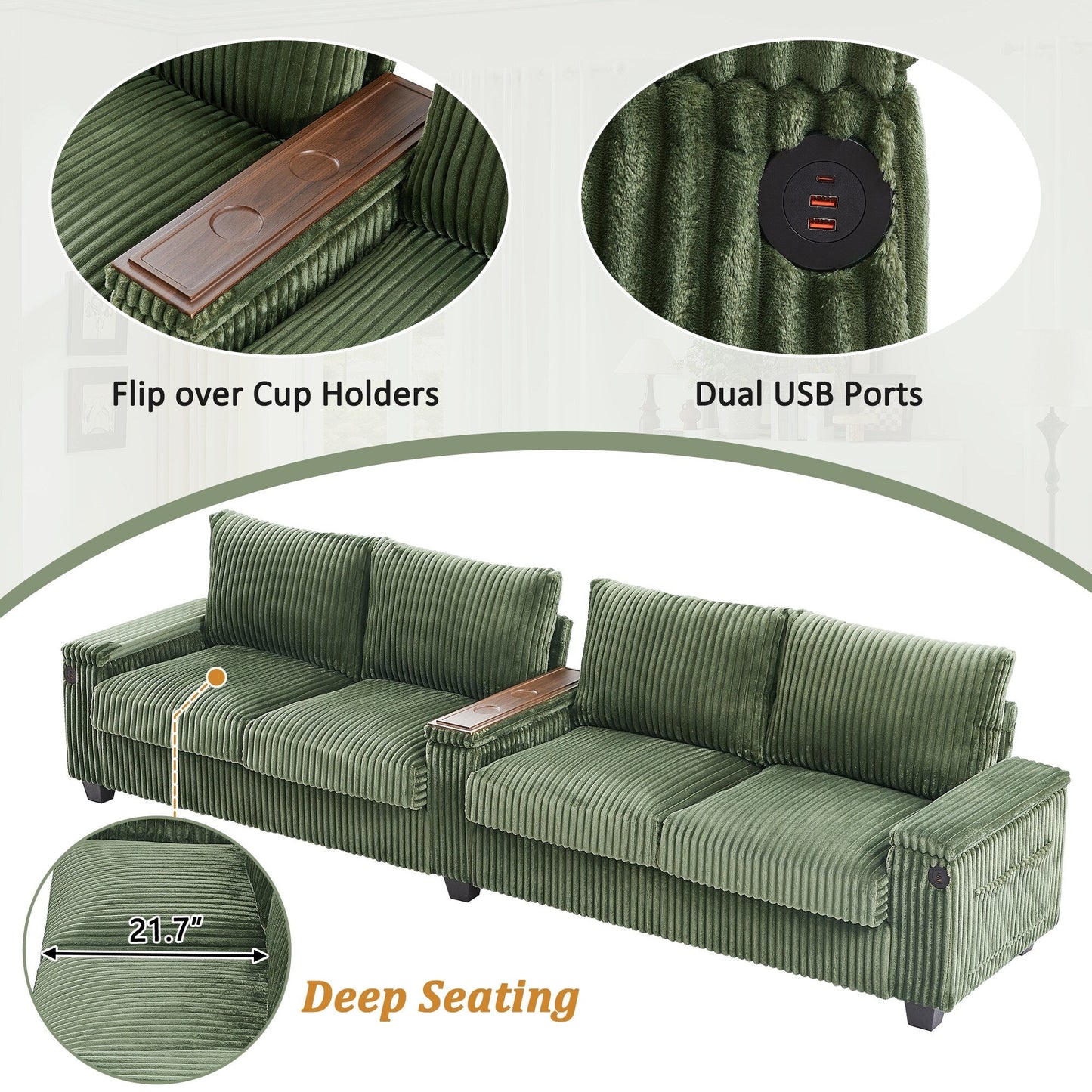 4-seater Corduroy Sofa Couch 133 Modern Sofa with USB Ports, Hidden Storage Arms, Flip-Top Cup Holders for Living Room