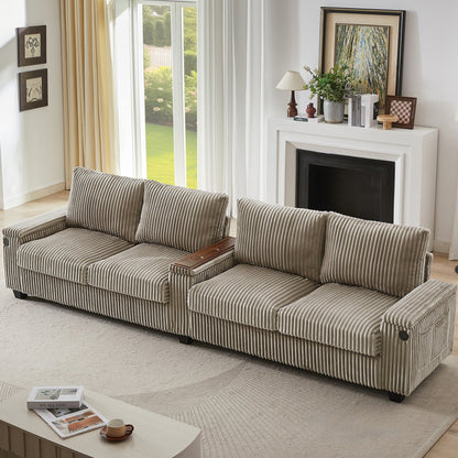 4-seater Corduroy Sofa Couch 133 Modern Sofa with USB Ports, Hidden Storage Arms, Flip-Top Cup Holders for Living Room
