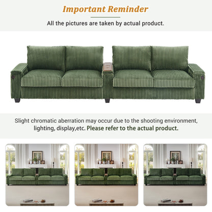 4-seater Corduroy Sofa Couch 133 Modern Sofa with USB Ports, Hidden Storage Arms, Flip-Top Cup Holders for Living Room