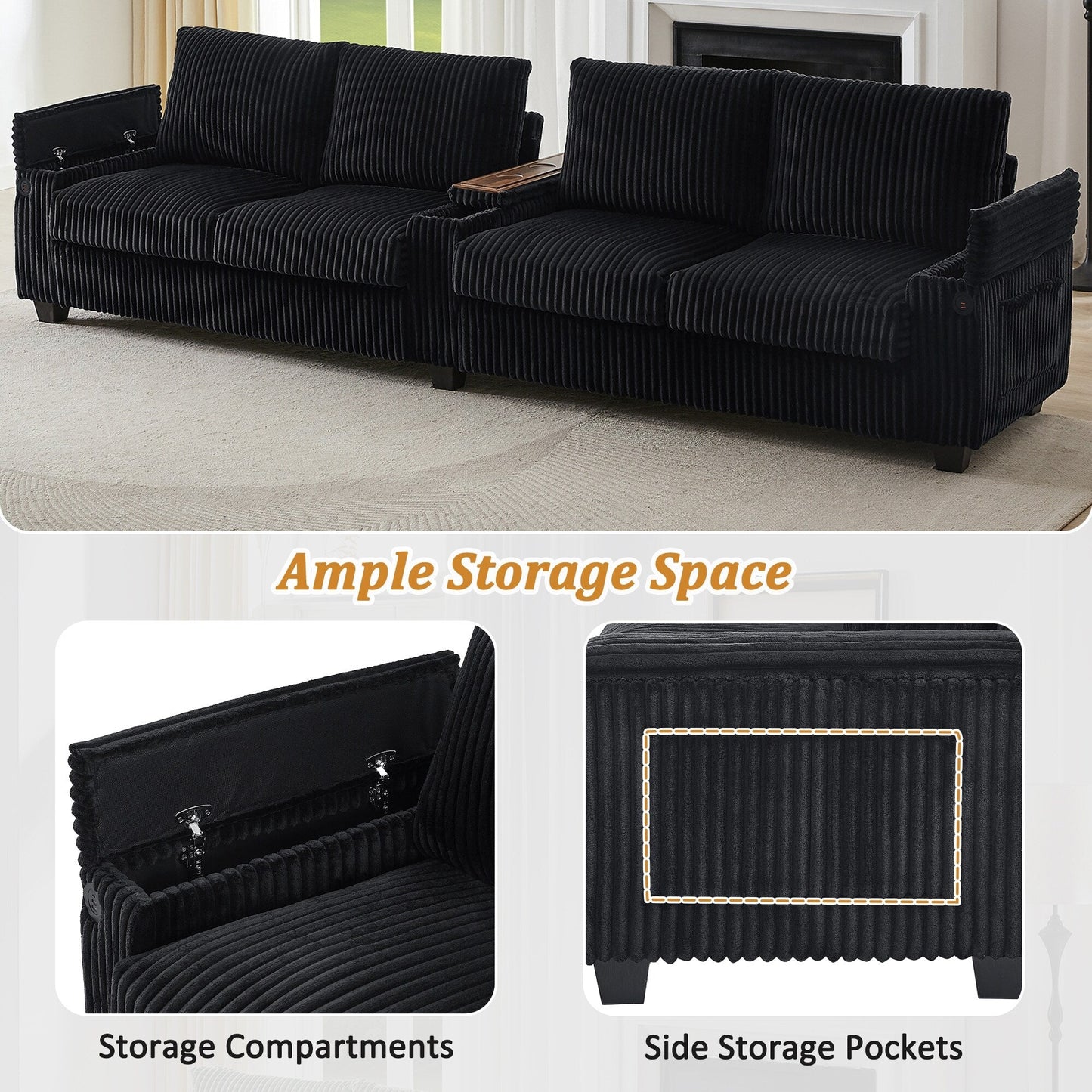 4-seater Corduroy Sofa Couch 133 Modern Sofa with USB Ports, Hidden Storage Arms, Flip-Top Cup Holders for Living Room
