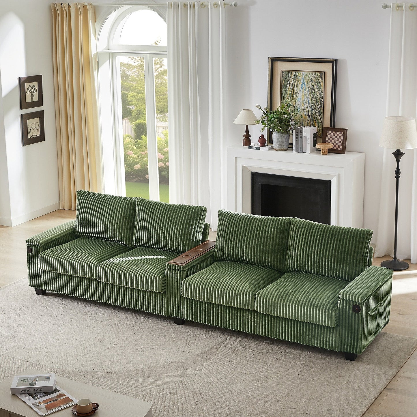 4-seater Corduroy Sofa Couch 133 Modern Sofa with USB Ports, Hidden Storage Arms, Flip-Top Cup Holders for Living Room