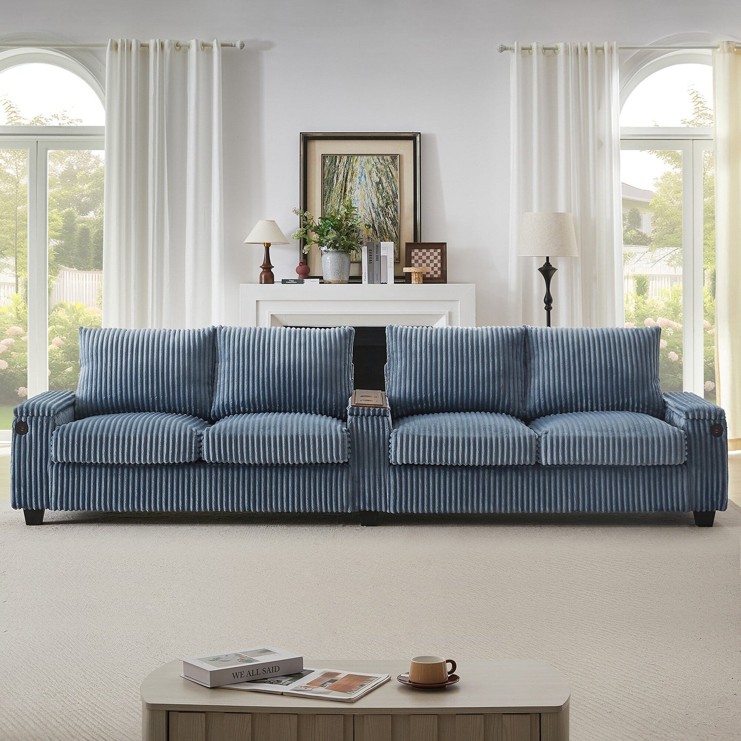 4-seater Corduroy Sofa Couch 133 Modern Sofa with USB Ports, Hidden Storage Arms, Flip-Top Cup Holders for Living Room