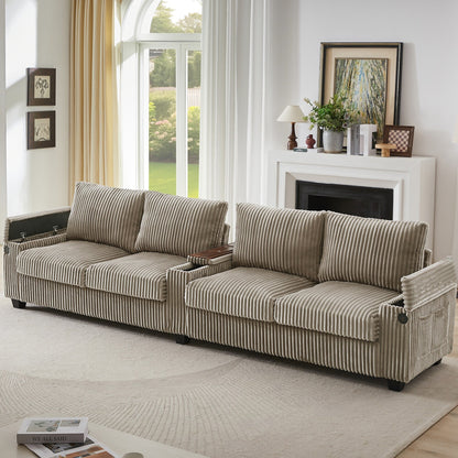 4-seater Corduroy Sofa Couch 133 Modern Sofa with USB Ports, Hidden Storage Arms, Flip-Top Cup Holders for Living Room