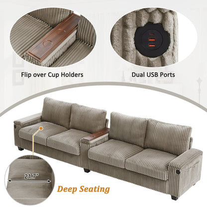 4-seater Corduroy Sofa Couch 133 Modern Sofa with USB Ports, Hidden Storage Arms, Flip-Top Cup Holders for Living Room