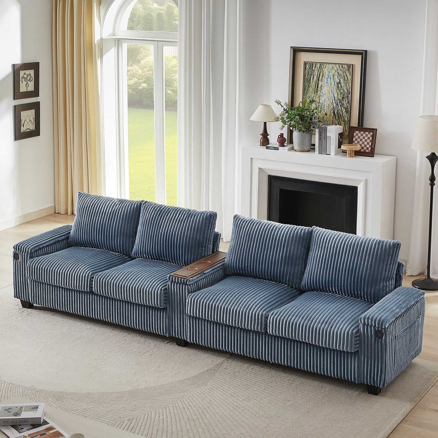 4-seater Corduroy Sofa Couch 133 Modern Sofa with USB Ports, Hidden Storage Arms, Flip-Top Cup Holders for Living Room