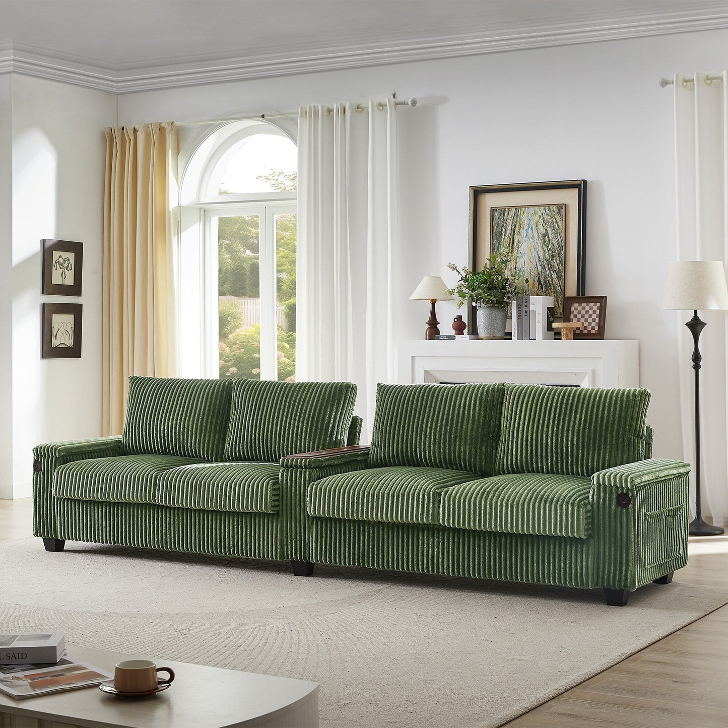 4-seater Corduroy Sofa Couch 133 Modern Sofa with USB Ports, Hidden Storage Arms, Flip-Top Cup Holders for Living Room