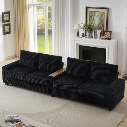 4-seater Corduroy Sofa Couch 133 Modern Sofa with USB Ports, Hidden Storage Arms, Flip-Top Cup Holders for Living Room