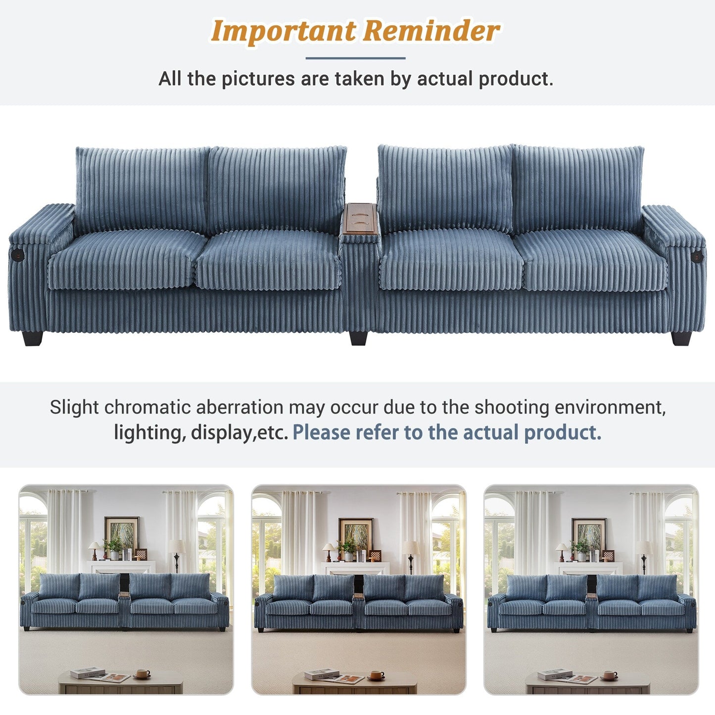 4-seater Corduroy Sofa Couch 133 Modern Sofa with USB Ports, Hidden Storage Arms, Flip-Top Cup Holders for Living Room