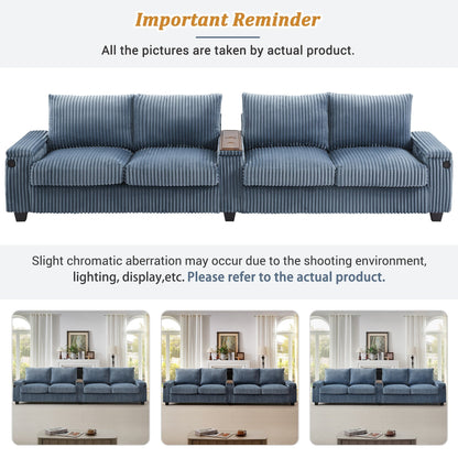 4-seater Corduroy Sofa Couch 133 Modern Sofa with USB Ports, Hidden Storage Arms, Flip-Top Cup Holders for Living Room