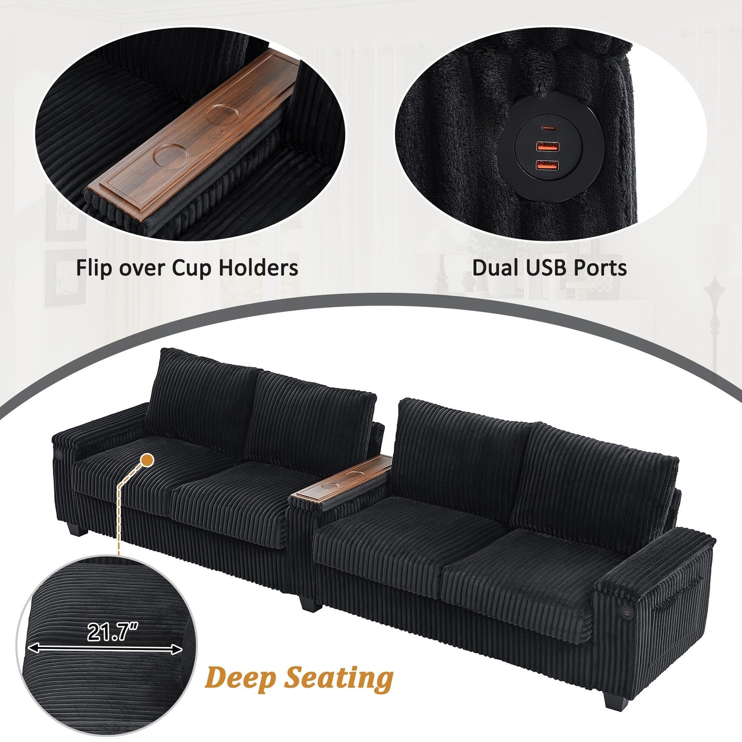 4-seater Corduroy Sofa Couch 133 Modern Sofa with USB Ports, Hidden Storage Arms, Flip-Top Cup Holders for Living Room