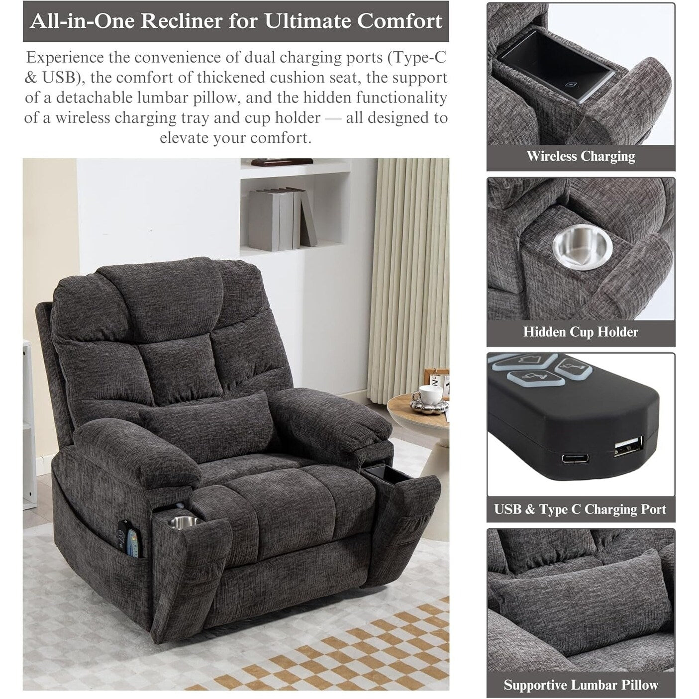 40'' Oversized Dual Motor Power Recliner Lift Chair with Massage and Heat，Chenille Fabric