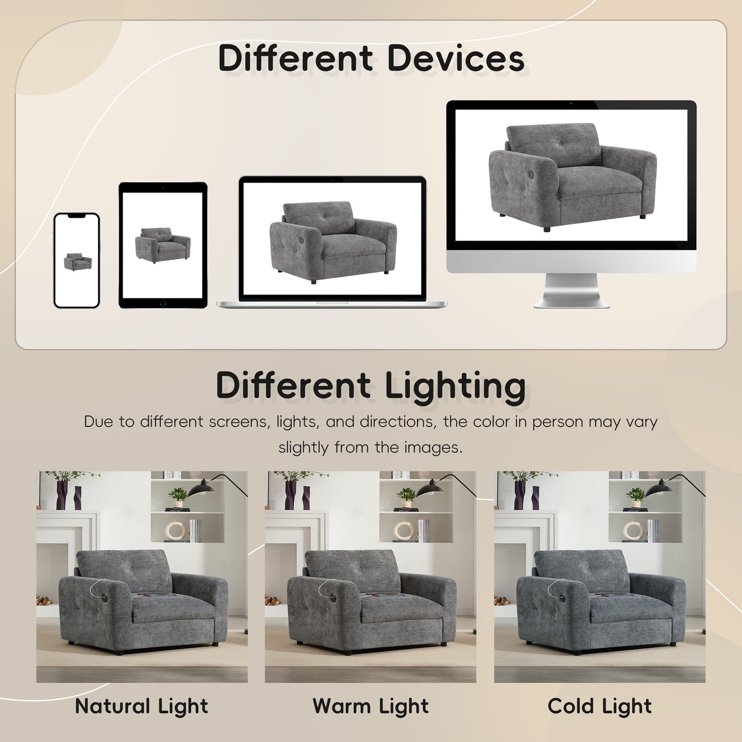 42*33 Chenille Single Sofa Armchair Wide Seat Dual Charger 2 Colors