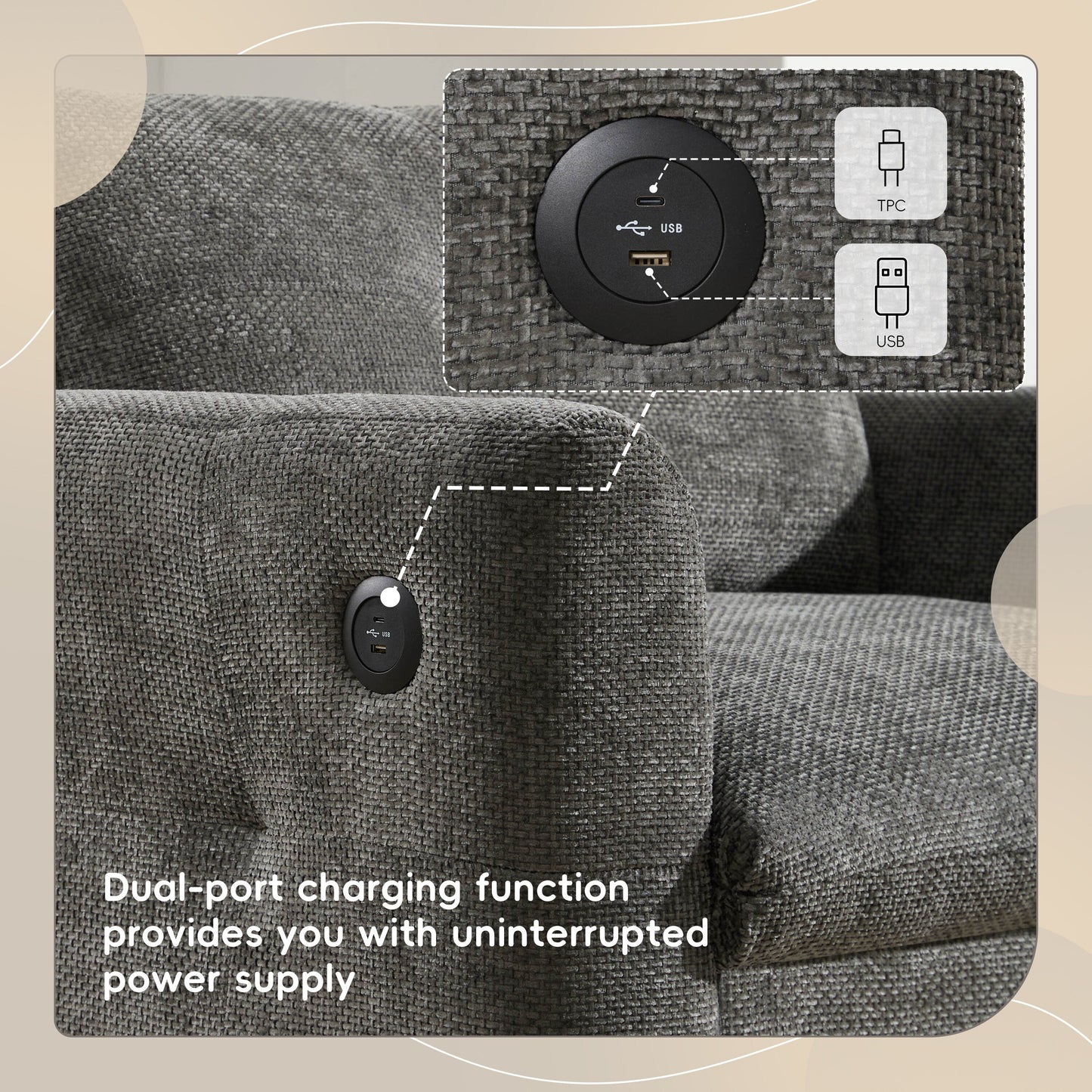 42*33 Chenille Single Sofa Armchair Wide Seat Dual Charger 2 Colors
