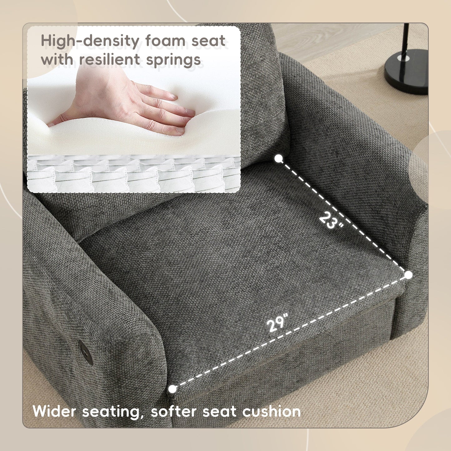 42*33 Chenille Single Sofa Armchair Wide Seat Dual Charger 2 Colors