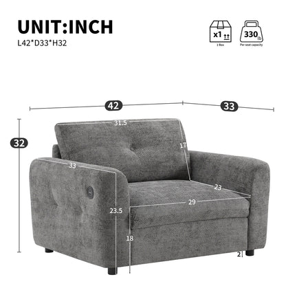 42*33 Chenille Single Sofa Armchair Wide Seat Dual Charger 2 Colors