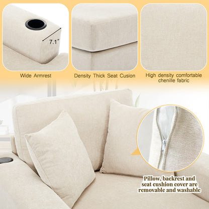 43.5Oversized Chaise Lounger Modern Style Sofa Couch,with Pillows,Charge Station & Cup Holders,Chenille Fabric